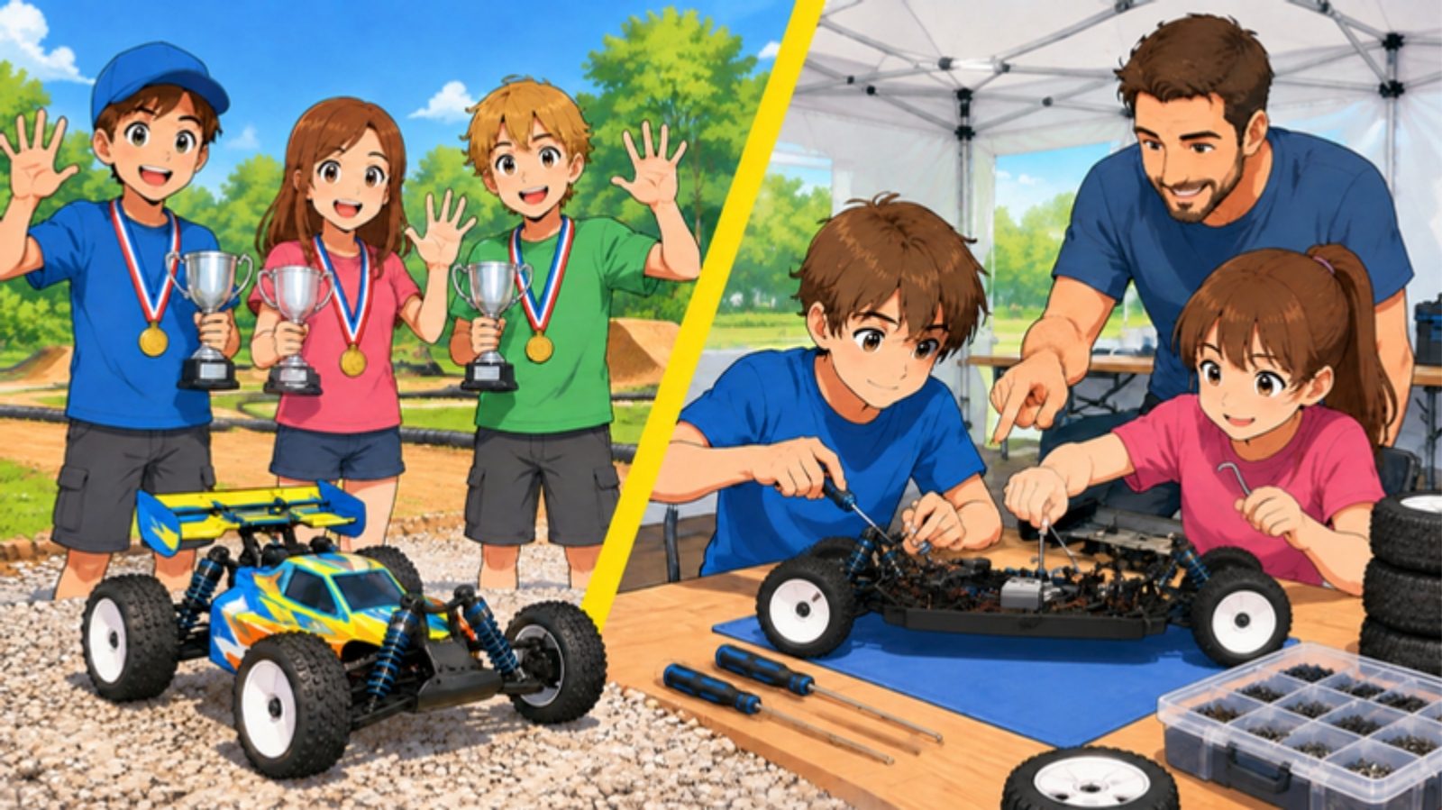 Comic: Kinder mit Pokalen beim Jugendfinale und Kinder, die mit einem Betreuer an einem RC-Buggy schrauben